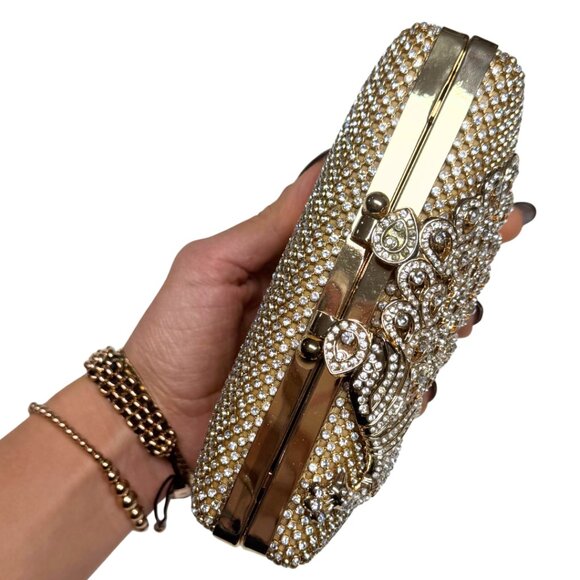 Gold Rhinestone Evening Clutch Peacock Clasp Elegant Formal Purse NWT - Picture 8 of 16